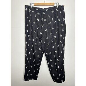 Talbots 100% Irish Linen Black Floral Embroidered Lagenlook Capri Pants Size 18